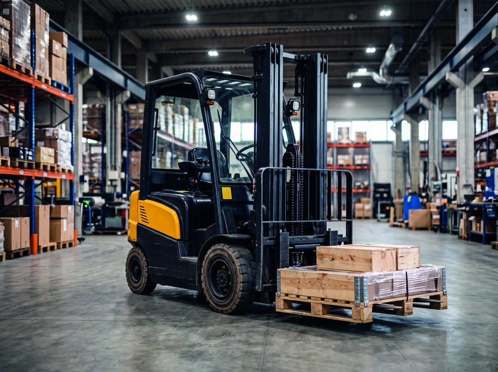 Montacargas y pallets en un almacén industrial